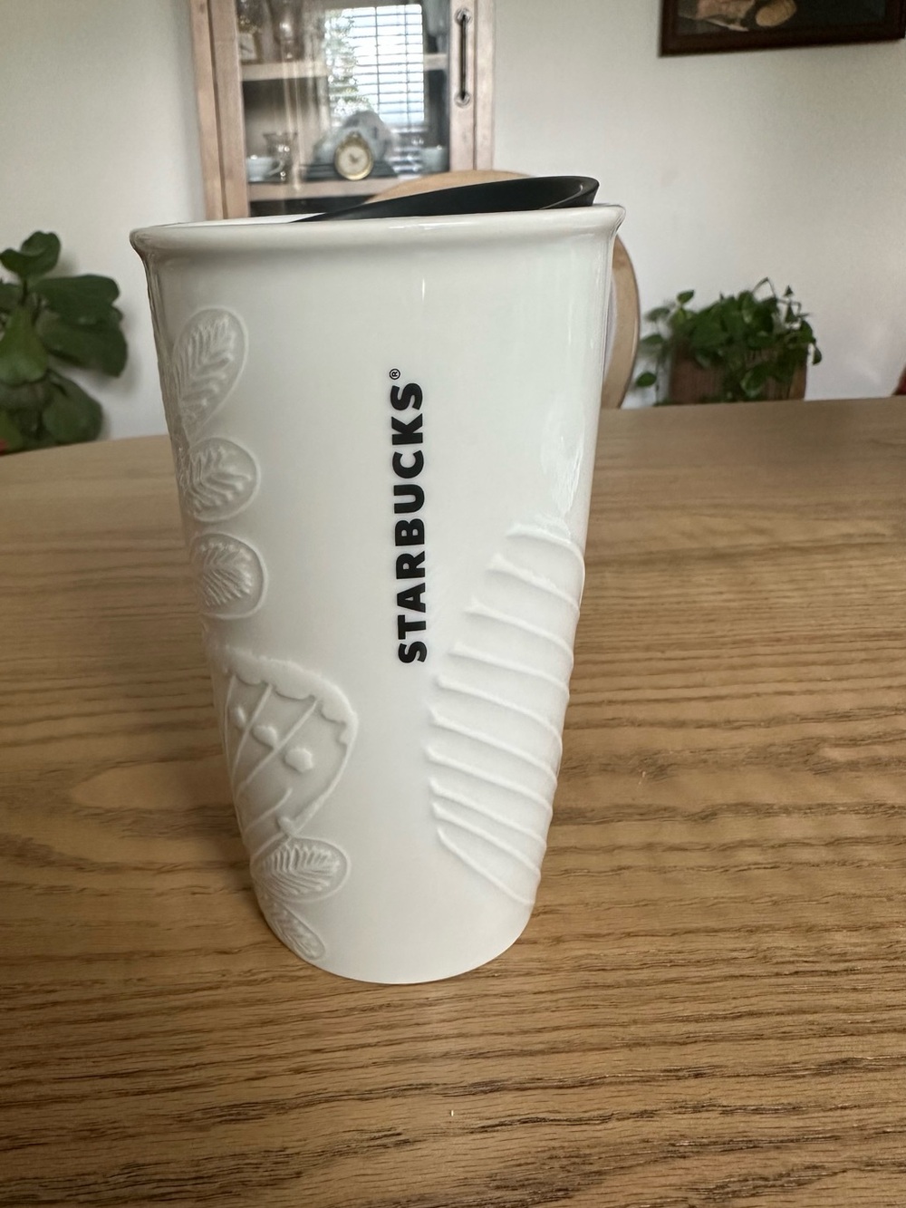 Starbucks White Ceramic Mug with Black Lid and Embossed Pattern